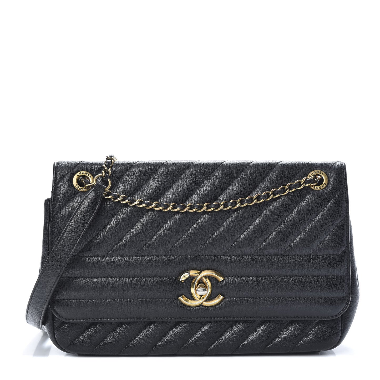 Shiny Goatskin Diagonal Quilted Small Flap Black