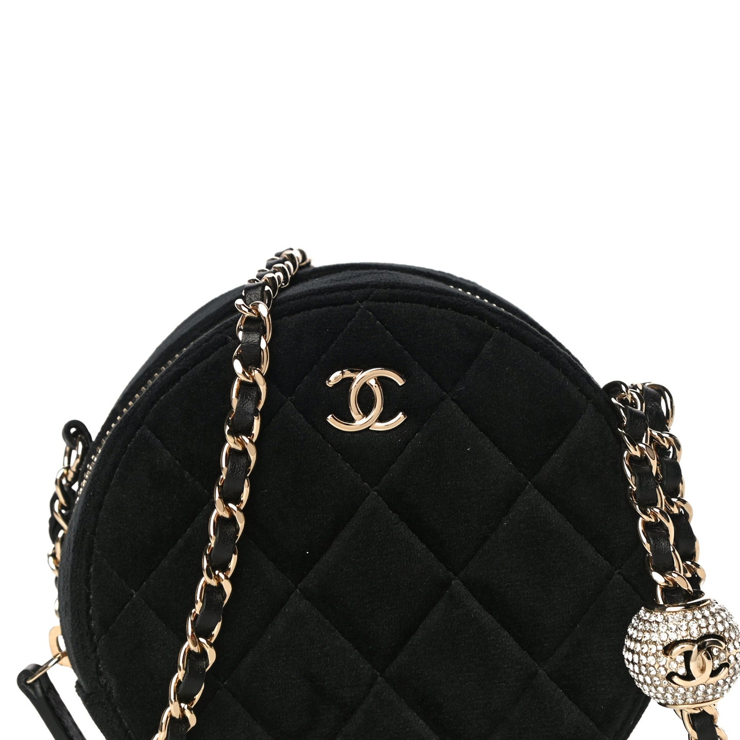 Velvet Quilted Pearl Crush Round Clutch With Chain Black