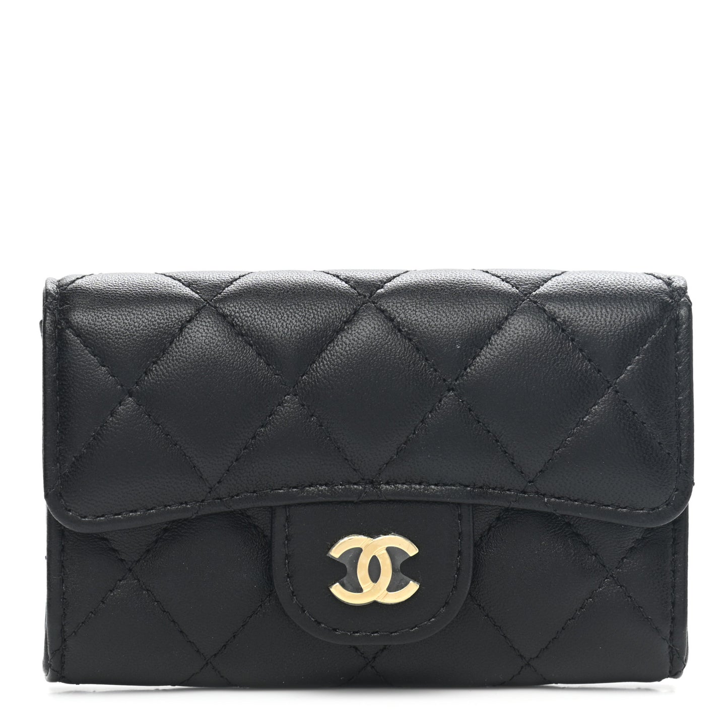 Lambskin Quilted Flap Card Holder Wallet Black