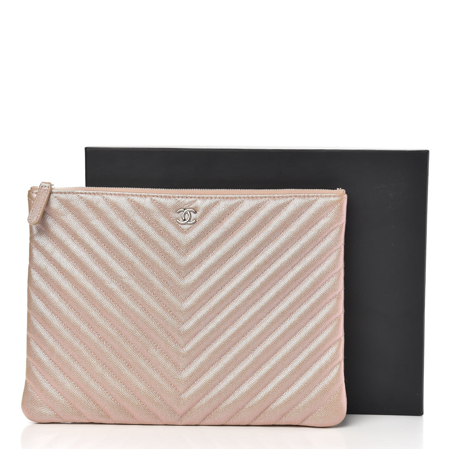Iridescent Caviar Chevron Quilted Medium Cosmetic Case Light Gold