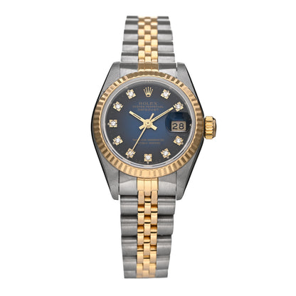 Rolex Stainless Steel 18K Yellow Gold Diamond 26mm Oyster Perpetual Datejust Watch Blue Gradient 69173 1 of 4