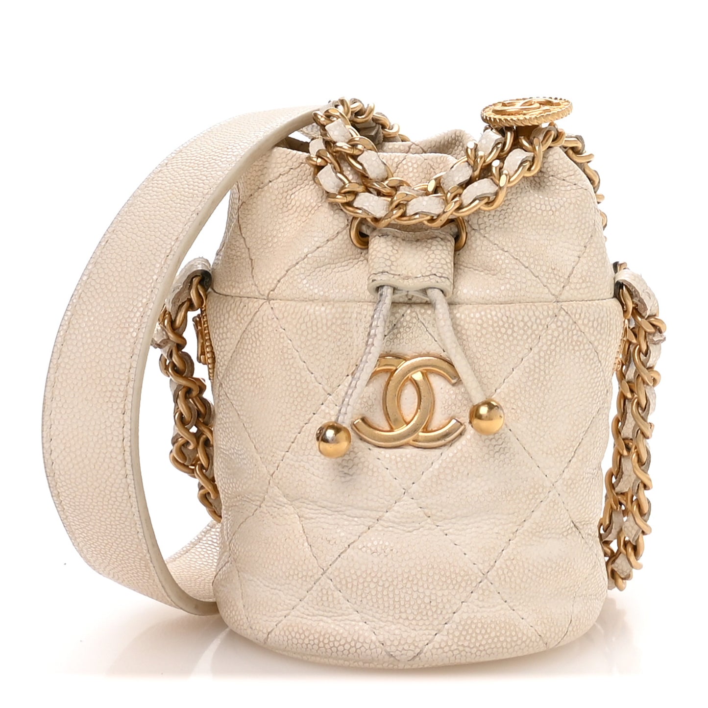 Caviar Quilted Twist Your Buttons Mini Bucket Bag White