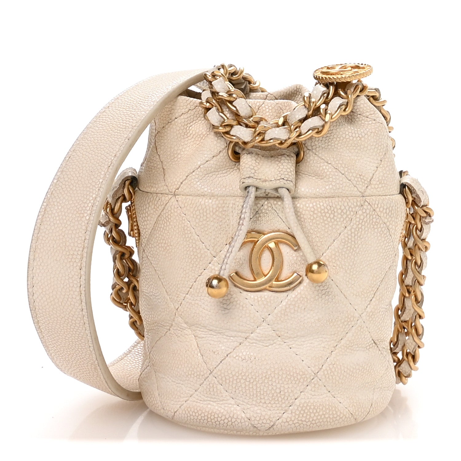 Chanel Caviar Quilted Twist Your Buttons Mini Bucket Bag White 1 of 10