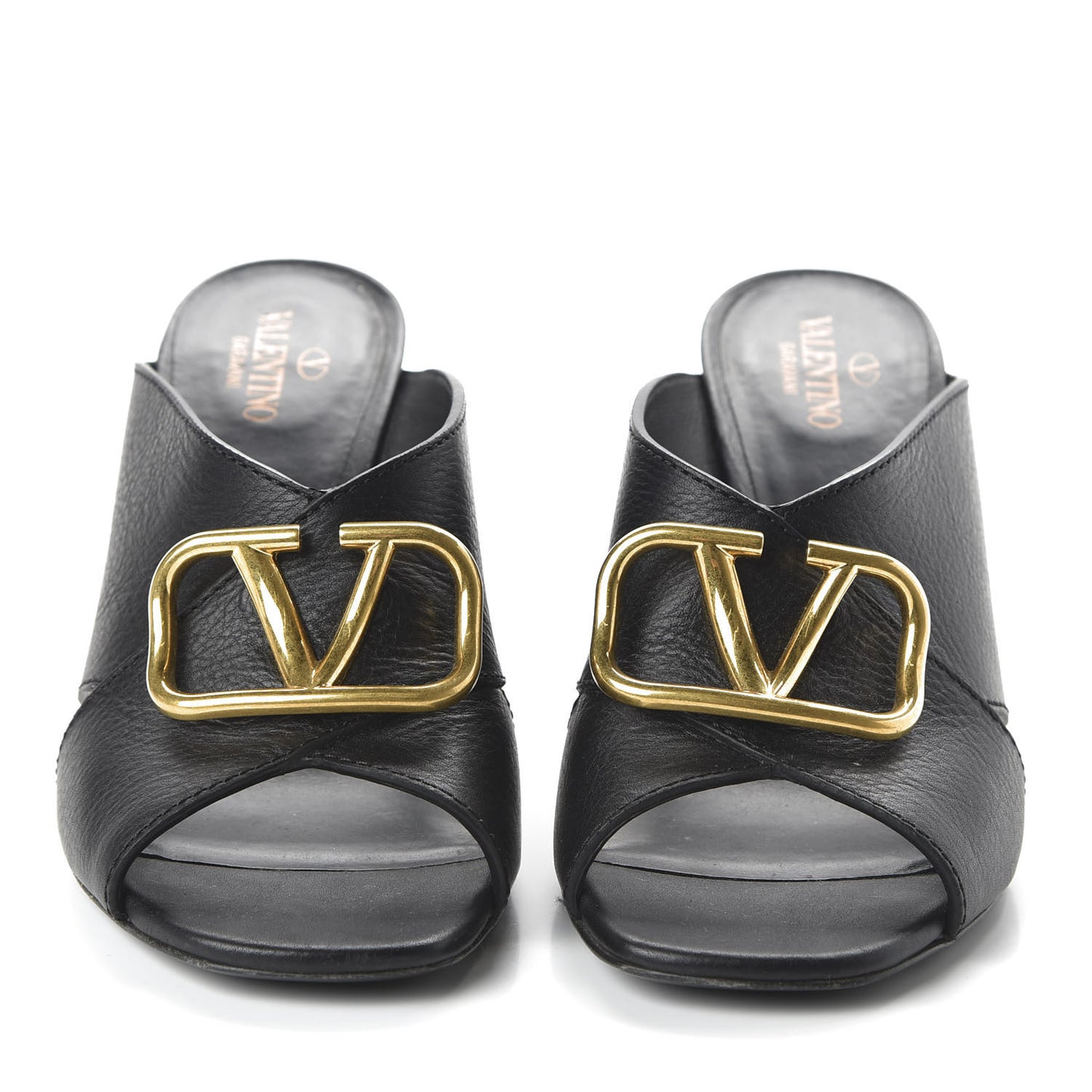 Grainy Cowhide VLogo Mid Heel Slide Sandals 39 Black