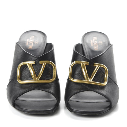 Valentino Garavani Grainy Cowhide VLogo Mid Heel Slide Sandals 39 Black 2 of 8