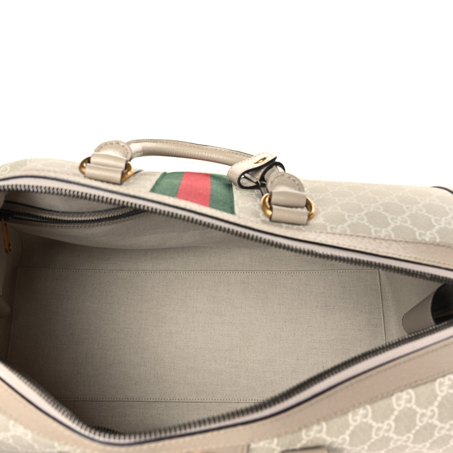 GG Supreme Monogram Textured Dollar Calfskin Web Medium Savoy Duffle Bag Beige Mystic White Oatmeal
