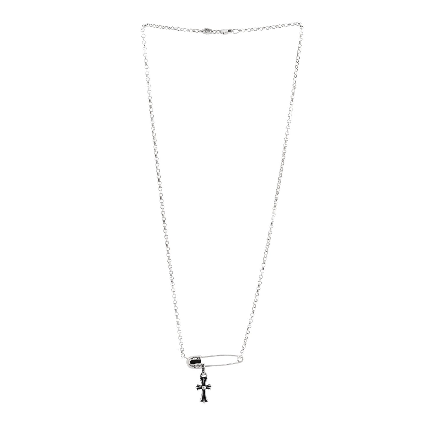 Sterling Silver Safety Pin Baby Fat Cross Pendant Necklace
