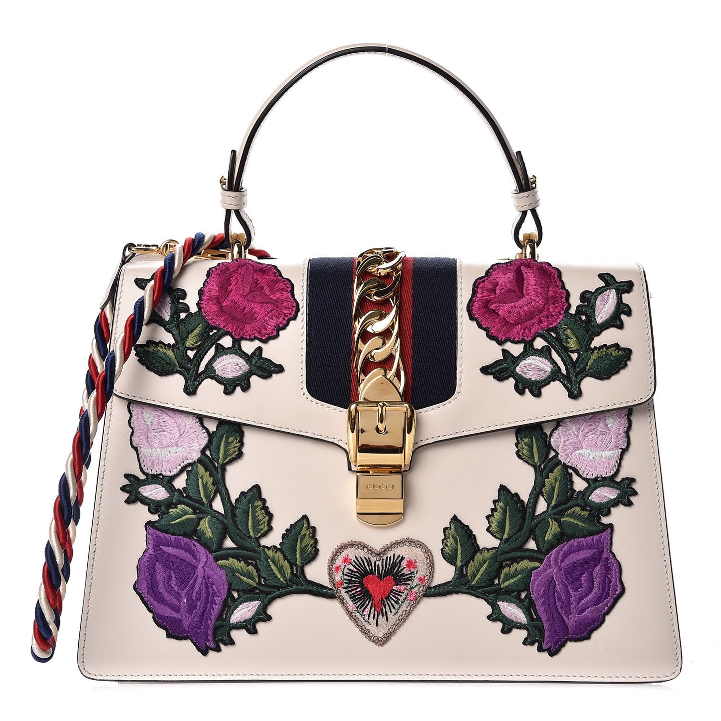 Calfskin Embroidered Medium Sylvie Top Handle Bag White