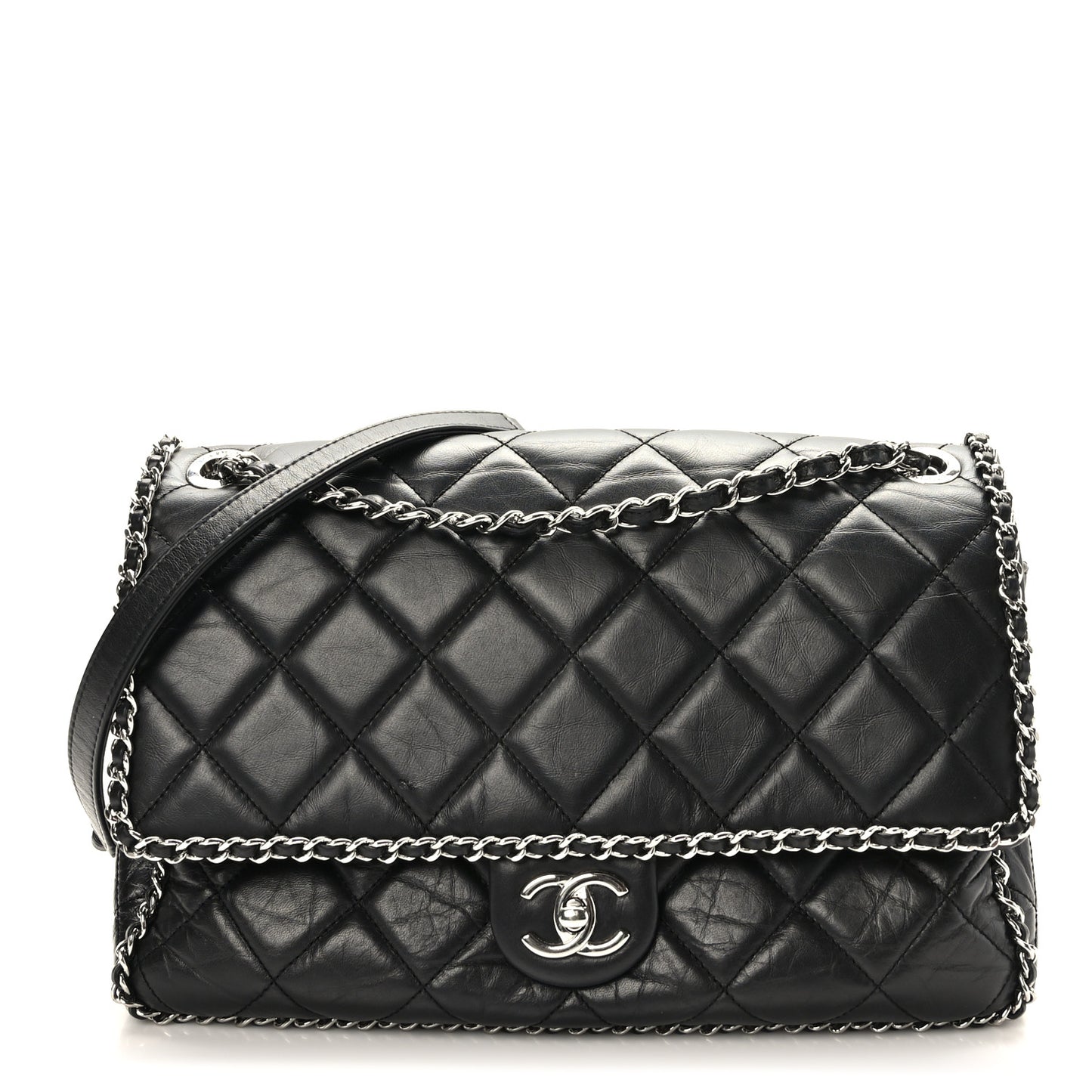 Crumpled Calfskin Quilted Large Chain All Over Flap Bag Black