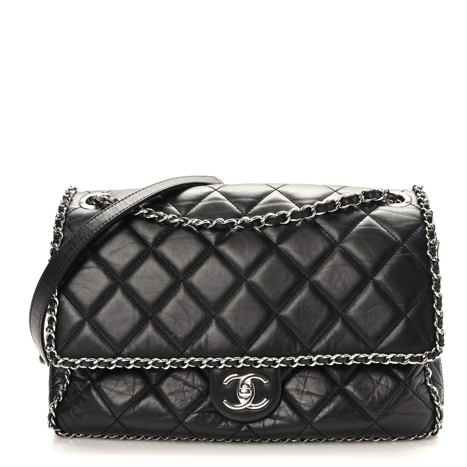 Chanel Crumpled Calfskin Quilted Large Chain All Over Flap Bag Black 1 of 9