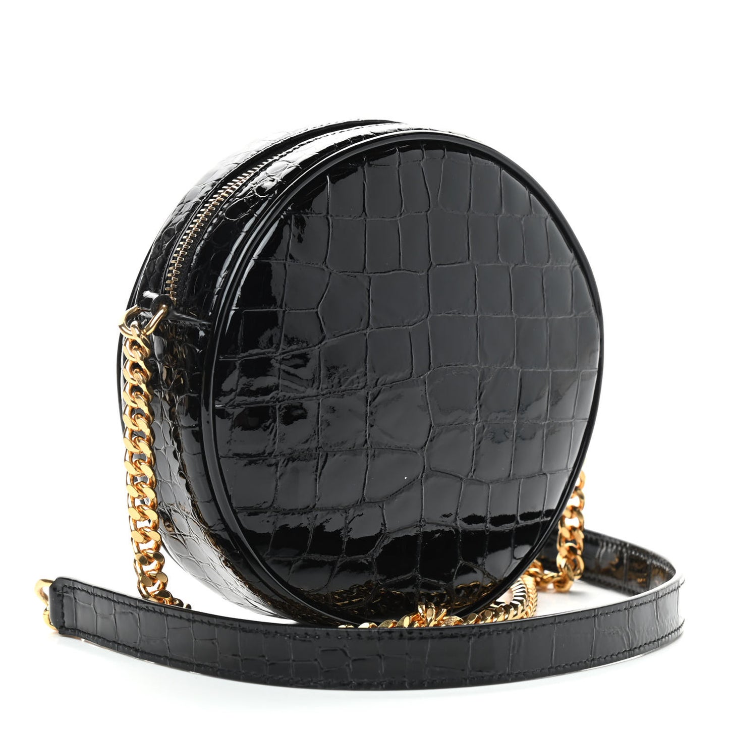 Patent Crocodile Embossed Round Vinyle Camera Bag Black