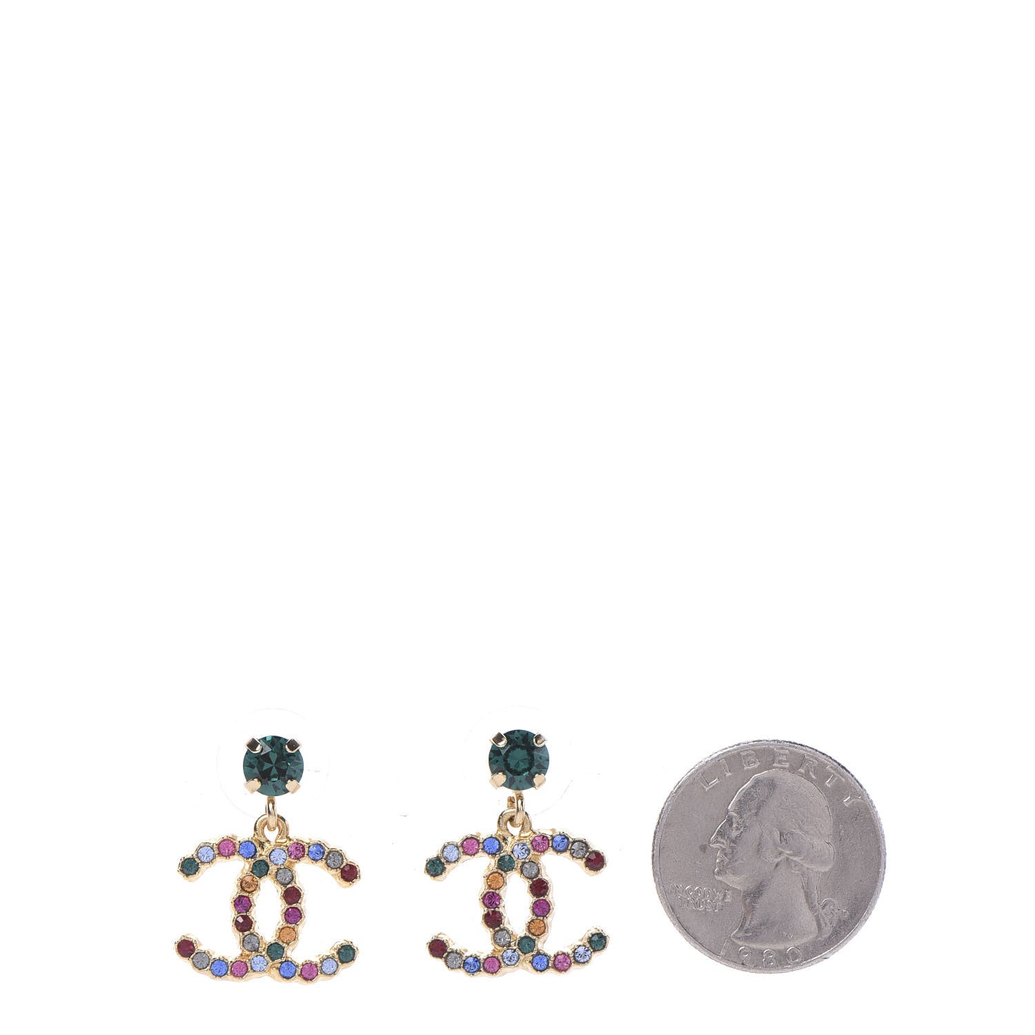 Chanel Crystal CC Drop Earrings Gold Multicolor 2 of 5