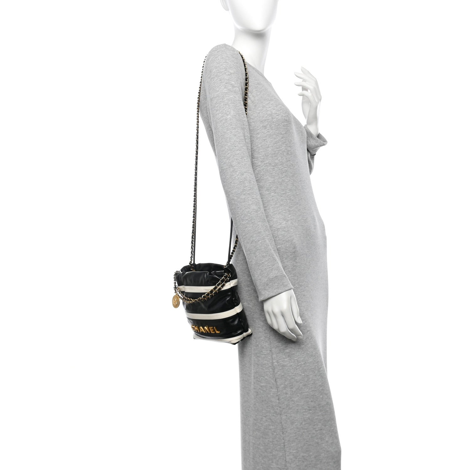 Chanel Shiny Calfskin Striped Mini Chanel 22 Black White 2 of 10