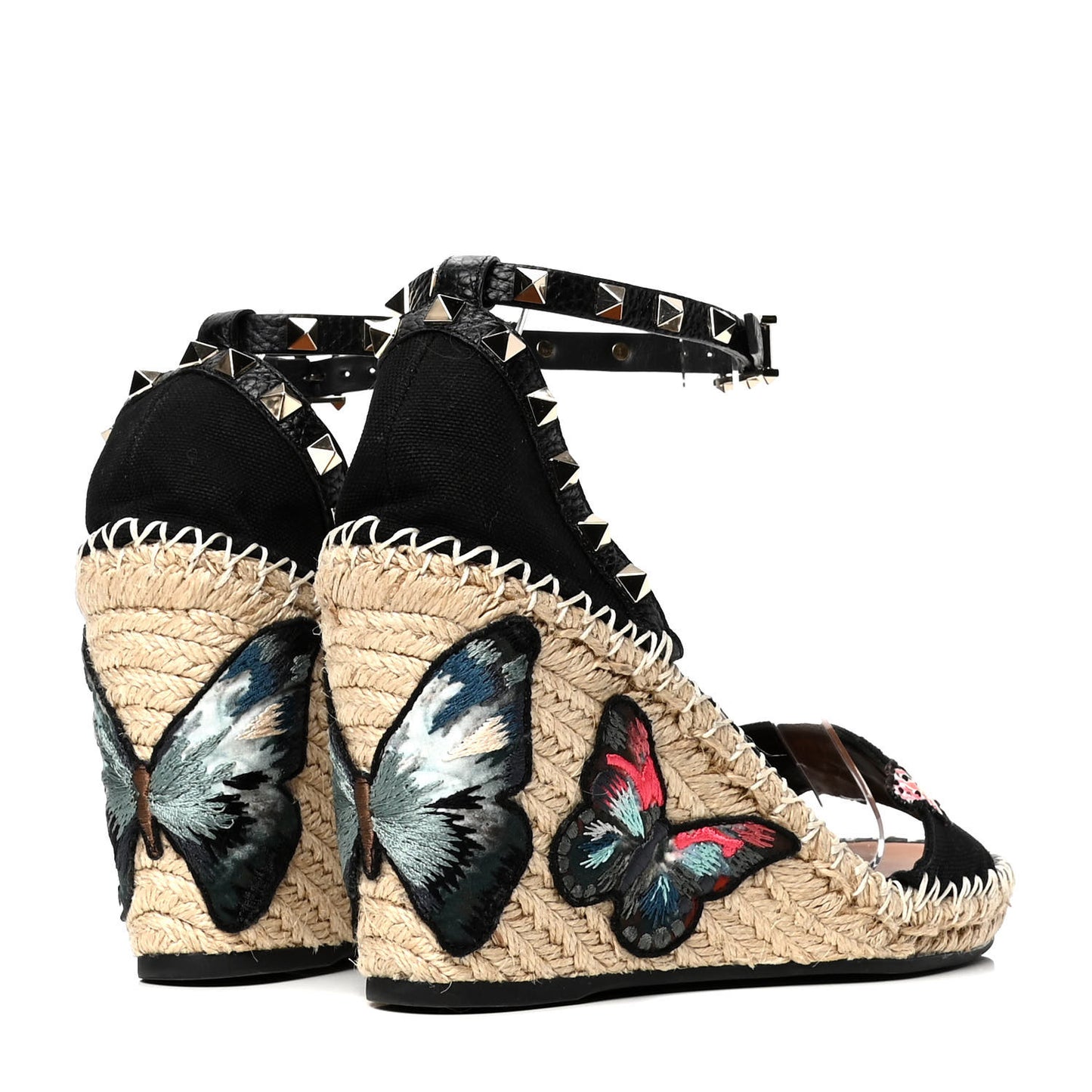 Canvas Butterfly Embroidered Rockstud Ankle Strap Espadrille 15/105mm Wedge Sandals 39 Black