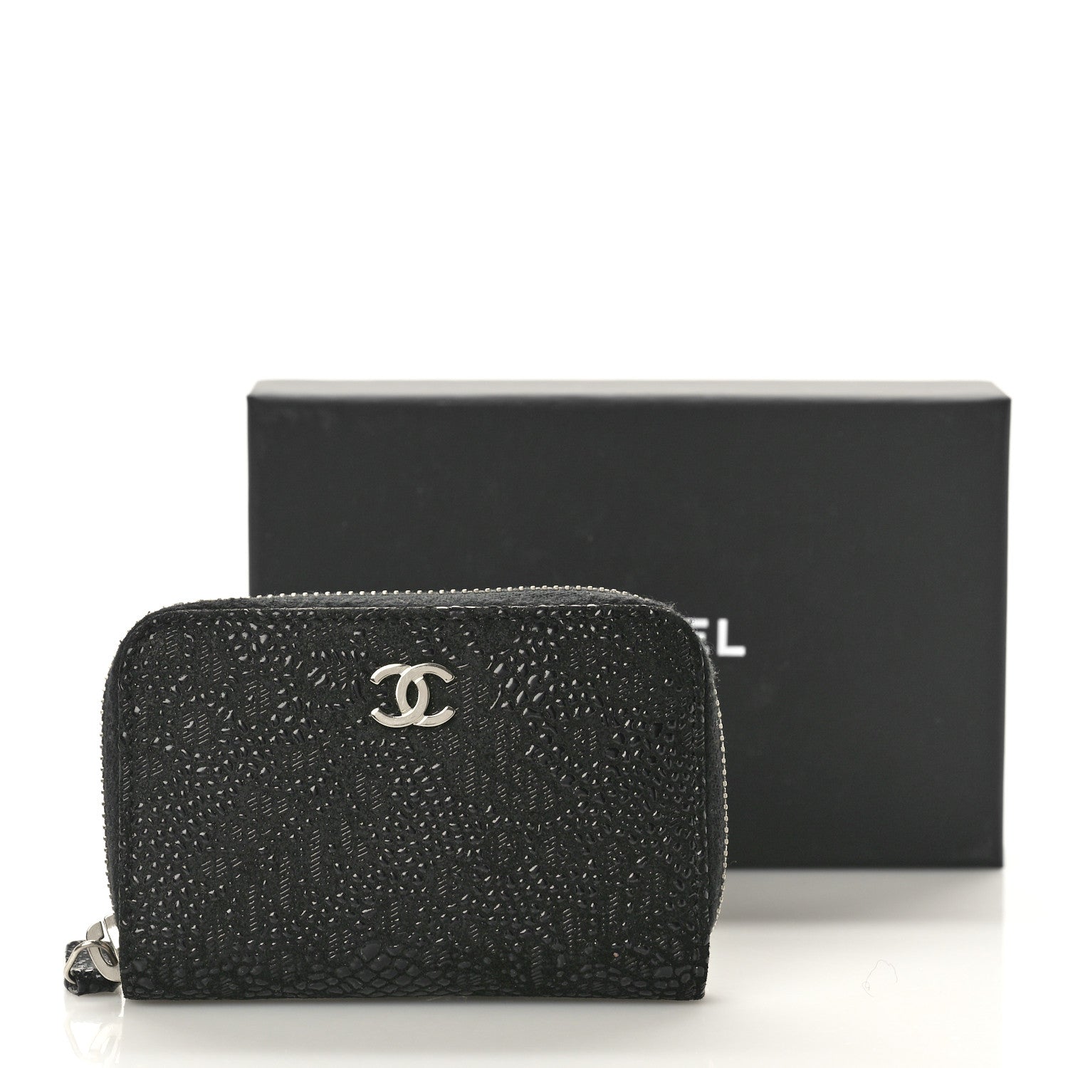 Chanel Suede Floral Embossed Zipped Coin Purse Black 9 of 9