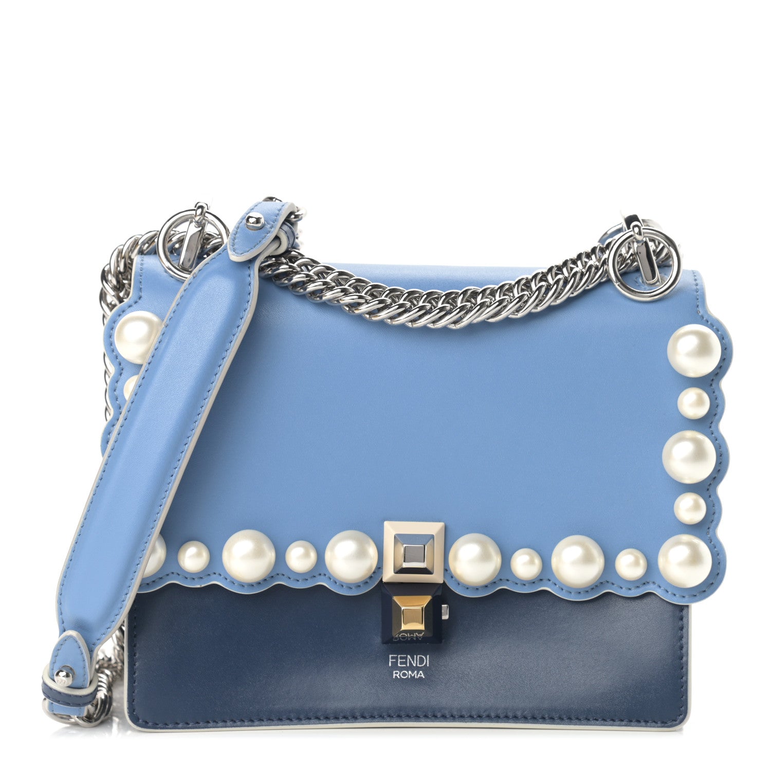 Fendi Vitello Liberty Pearl Scalloped Small Kan I Shoulder Bag Nebula Blu Scuro 1 of 13