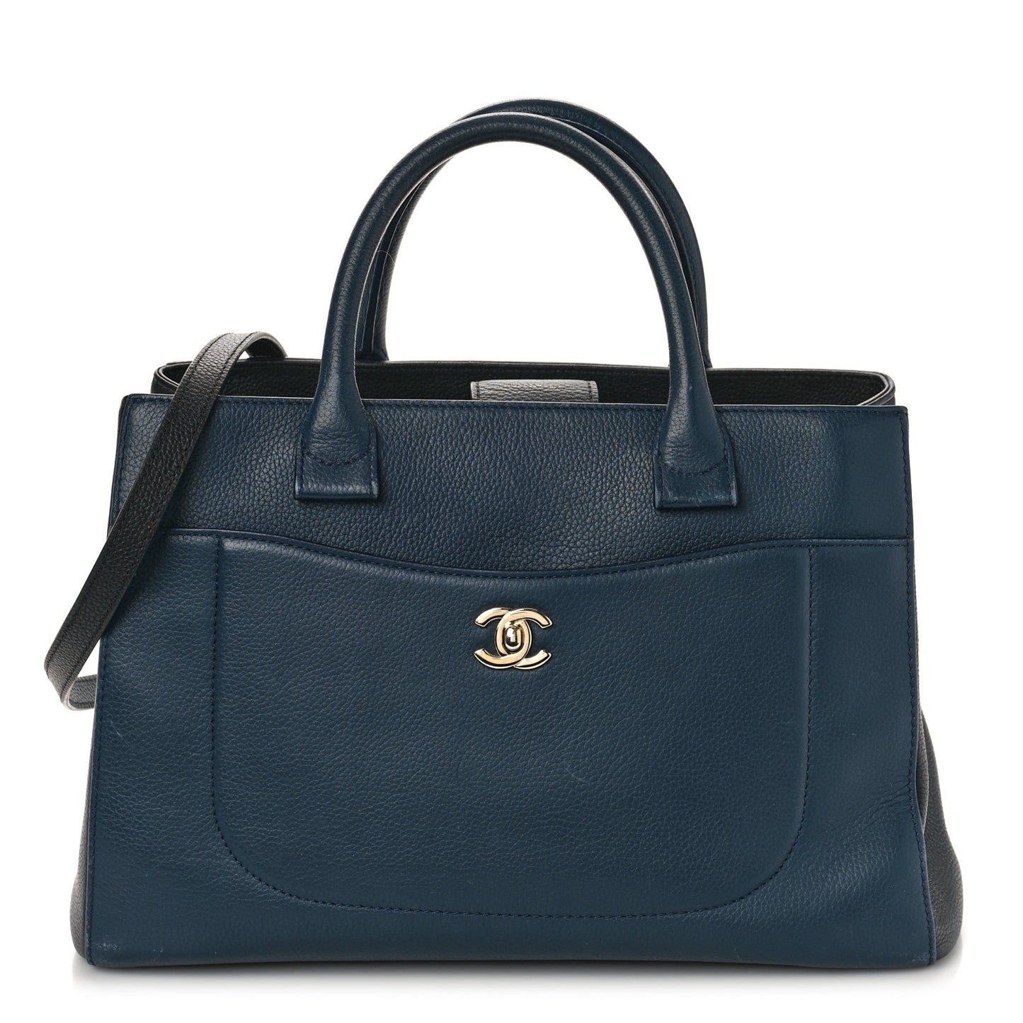 Grained Calfskin Small Neo Executive Shopper Tote Dark Blue Black