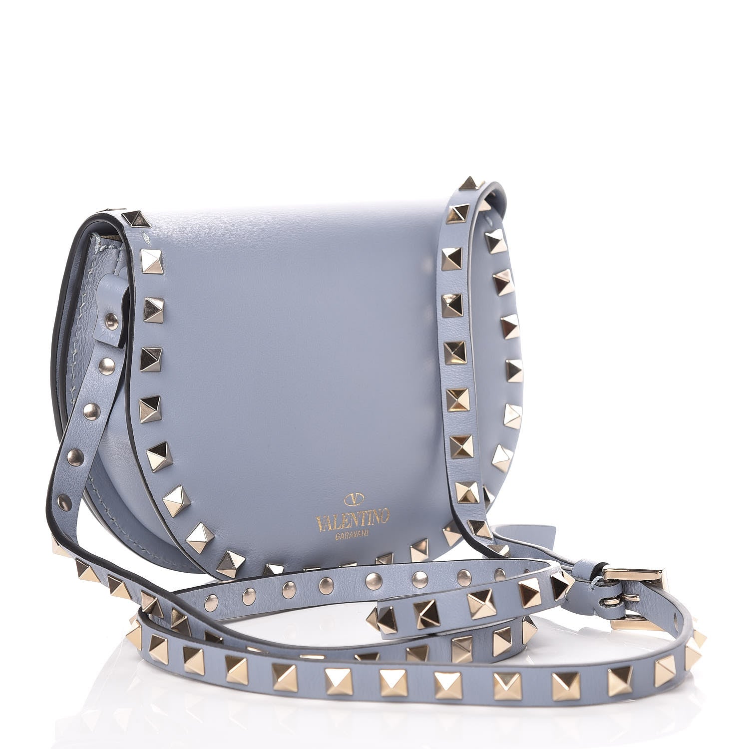 Valentino Garavani Vitello Mini Rockstud Halfmoon Saddle Bag Grey Blue 3 of 10