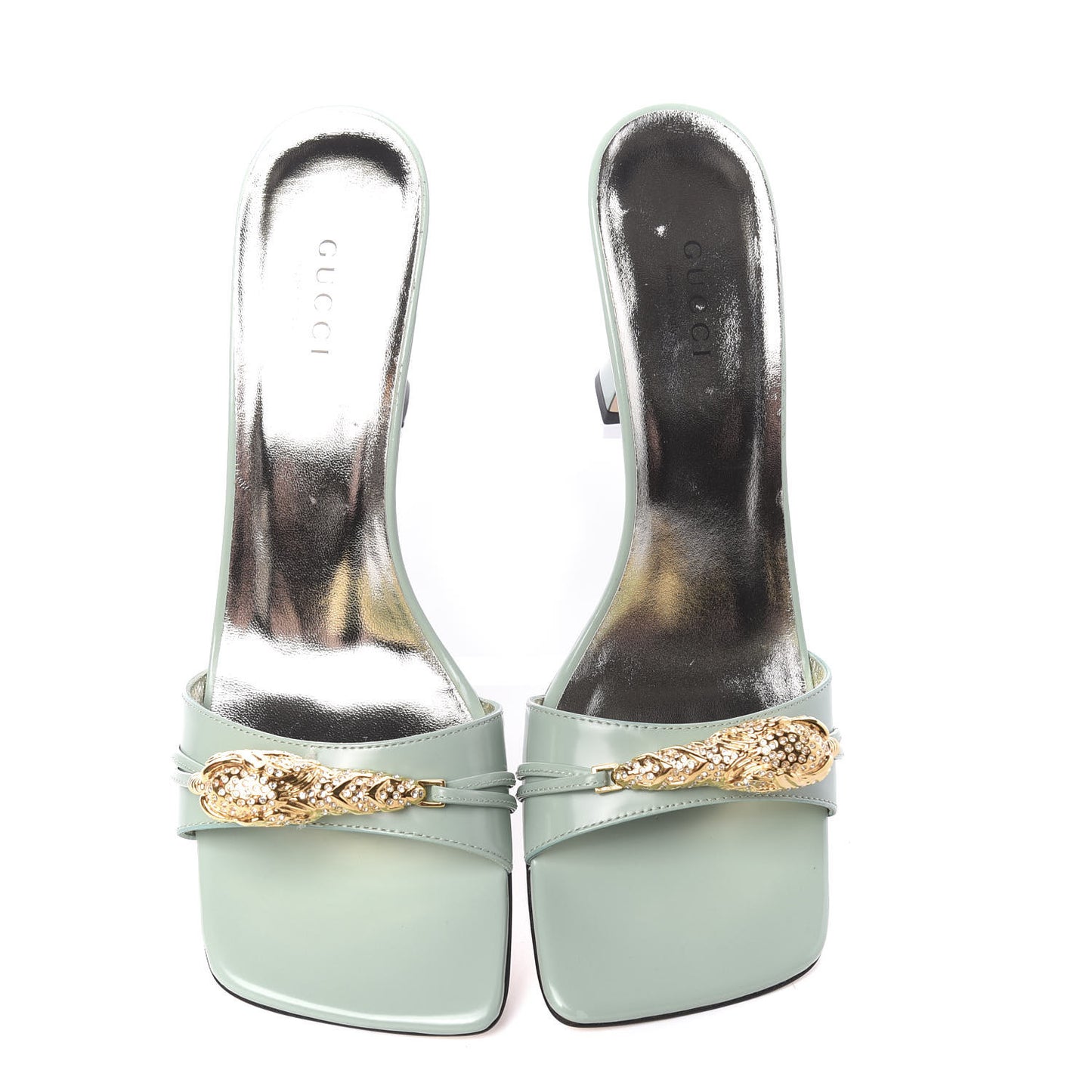 Nappa Dora Tiger Head Mid Heel Slide Sandals 37 Aqua Green