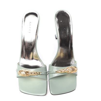 Gucci Nappa Dora Tiger Head Mid Heel Slide Sandals 37 Aqua Green 5 of 10