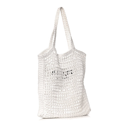 Prada Yarn Raffia Effect Crochet Logo Embroidered Tote Bag White 3 of 15