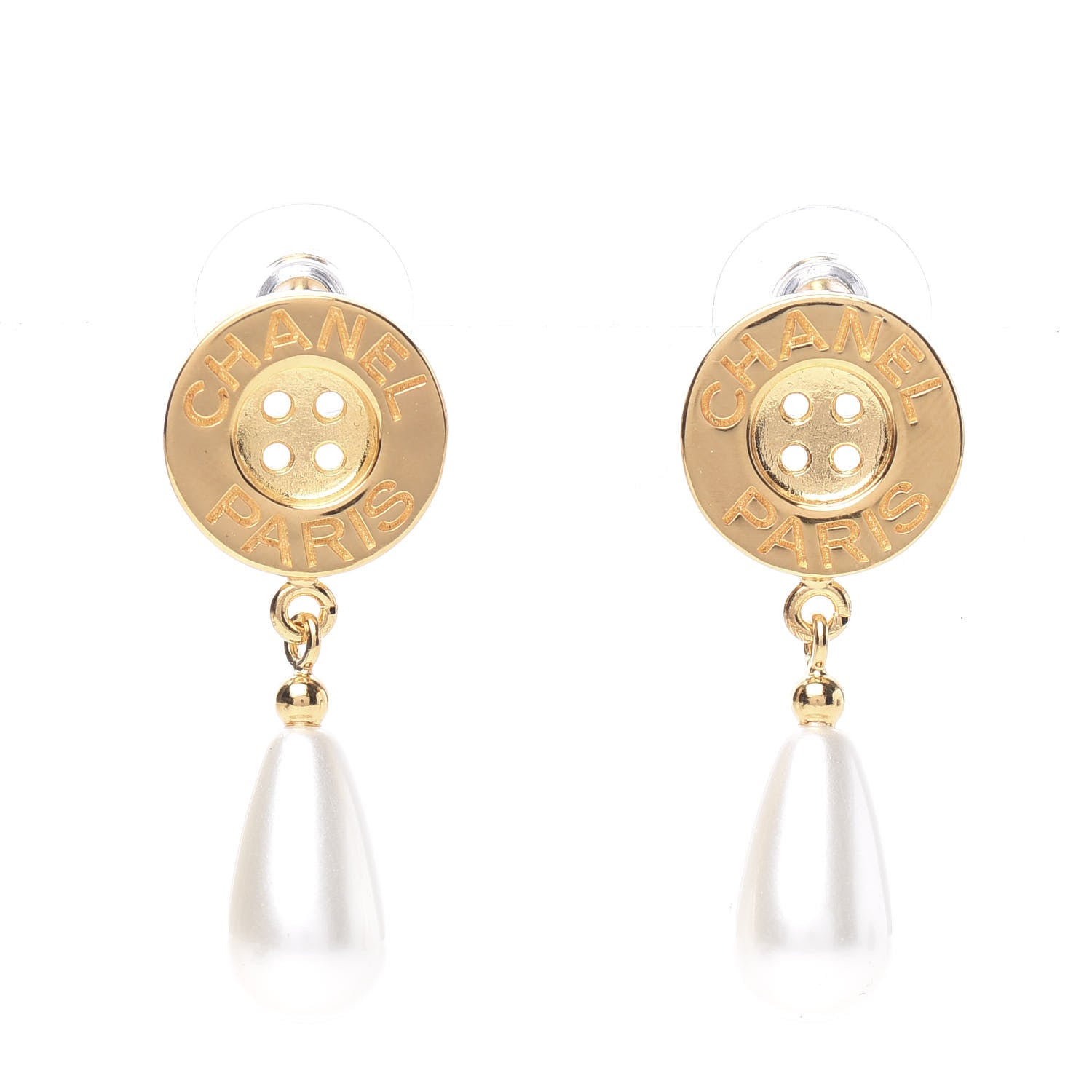 Chanel Metal Pearl Button Drop Earrings Gold 1 of 5