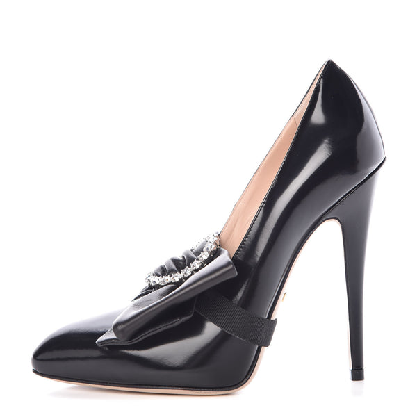 靴 GUCCI Black Suede Bow Hells 36 1/2 Gucci Polished Calfskin Removable Bow Elaisa Platform High Heel