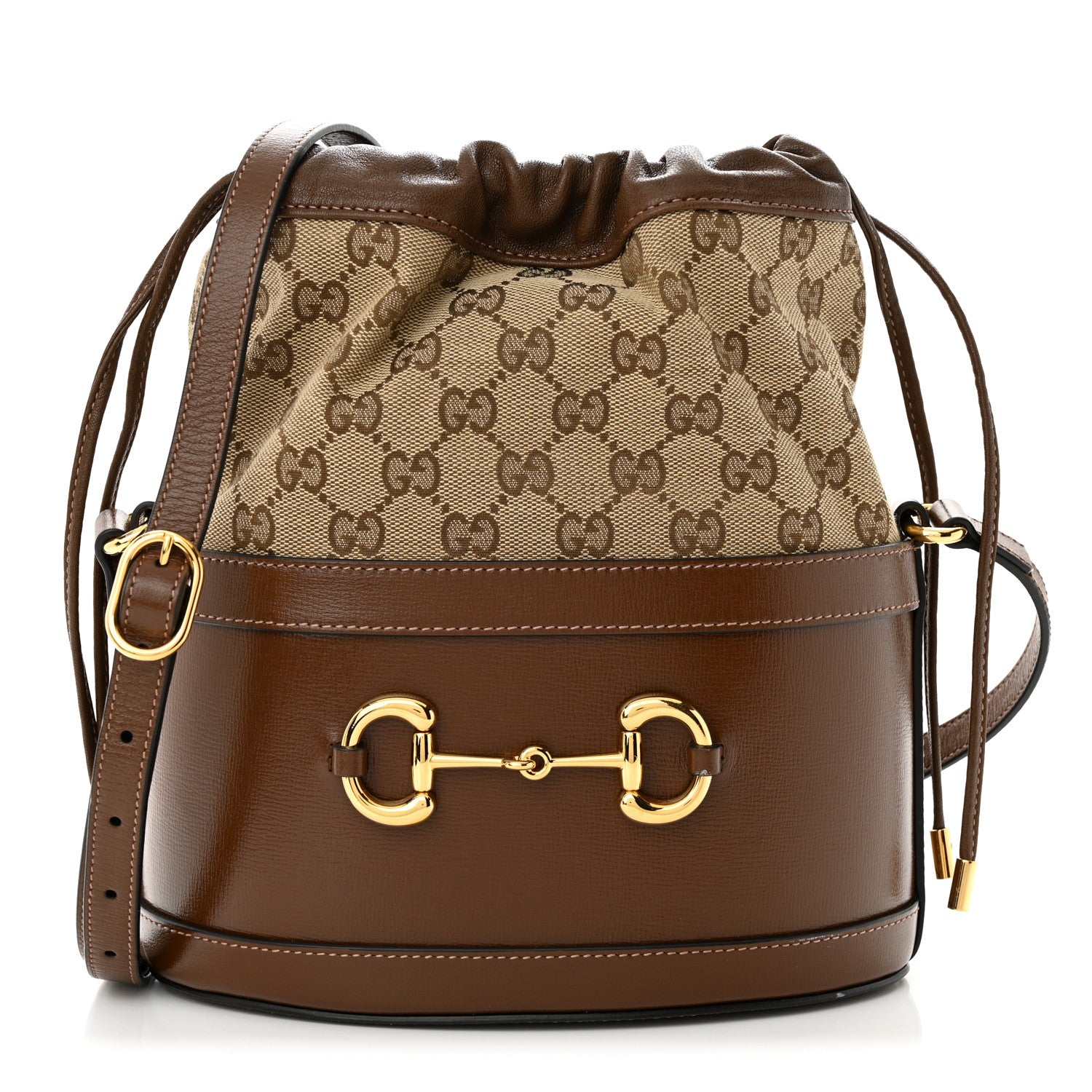 Gucci Monogram Textured Calfskin Horsebit 1955 Drawstring Bucket Bag Beige Brown Sugar 1 of 9
