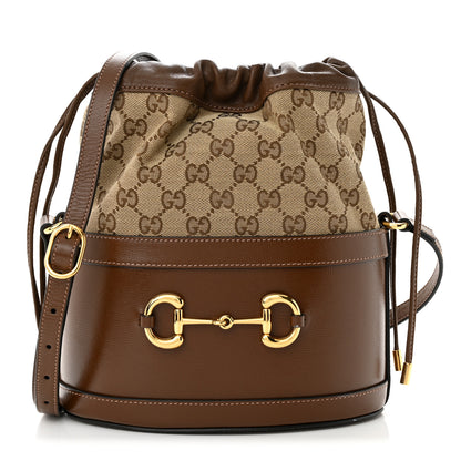 Gucci Monogram Textured Calfskin Horsebit 1955 Drawstring Bucket Bag Beige Brown Sugar 1 of 9
