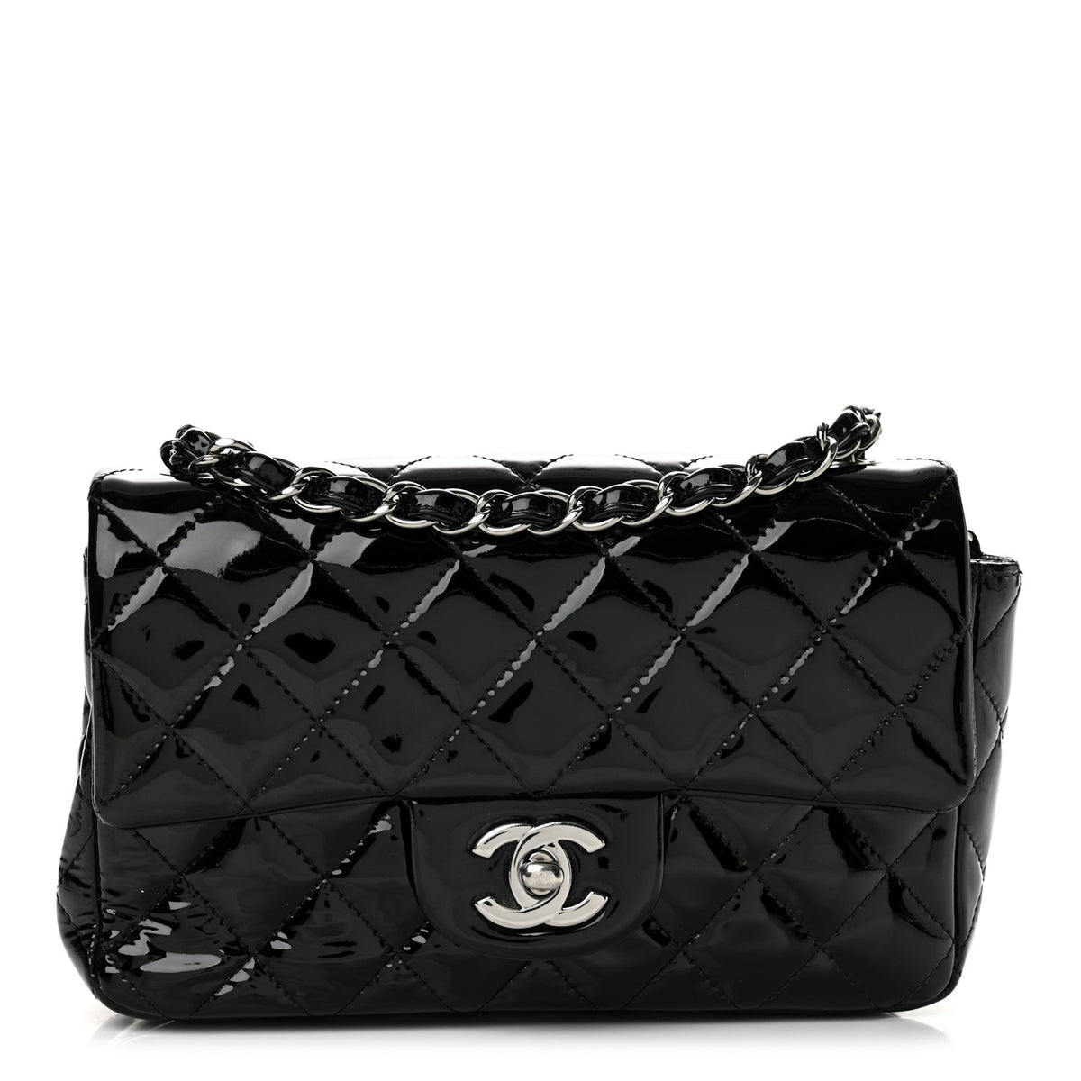 Patent Calfskin Quilted Mini Rectangular Flap Black