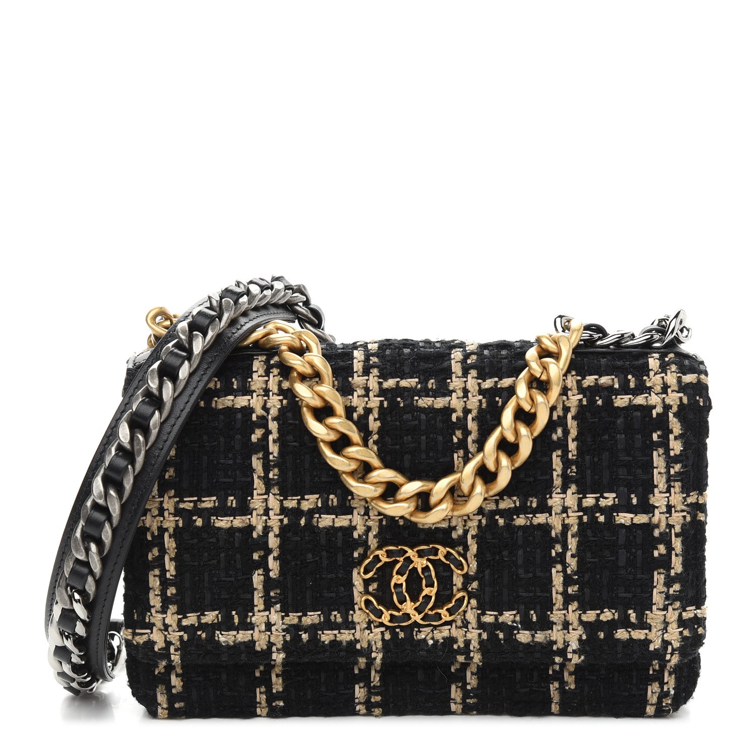 Chanel Tweed Quilted Chanel 19 Wallet On Chain WOC Black Beige 1 of 10