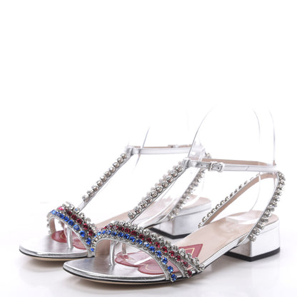 Gucci Nappa Silk Crystal Bertie T-Strap Low Heel Sandals 36 Argento 3 of 8