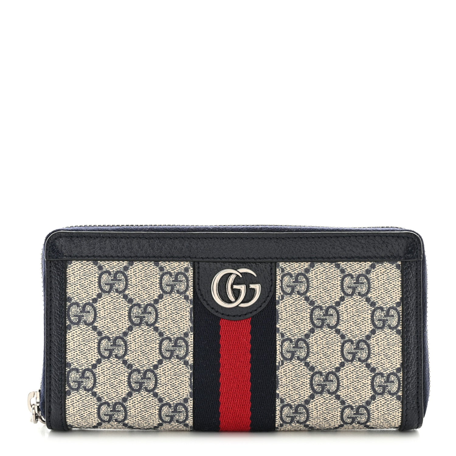 Gucci GG Supreme Monogram Textured Dollar Calfskin Web Ophidia Zip Around Wallet Beige Blue 1 of 10