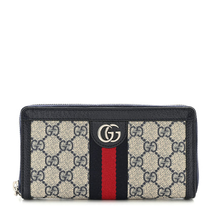 Gucci GG Supreme Monogram Textured Dollar Calfskin Web Ophidia Zip Around Wallet Beige Blue 1 of 10