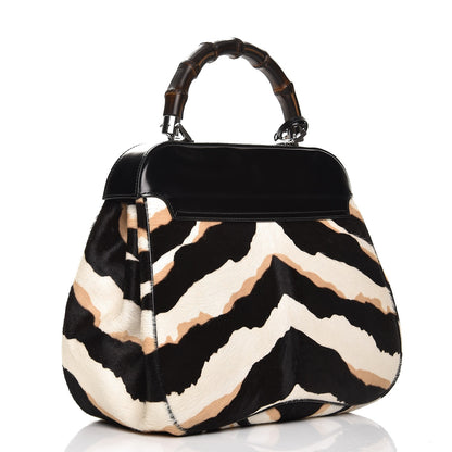 Gucci Calf Hair Zebra Print Bamboo Large Lady Lock Top Handle Bag Black White 3 of 8