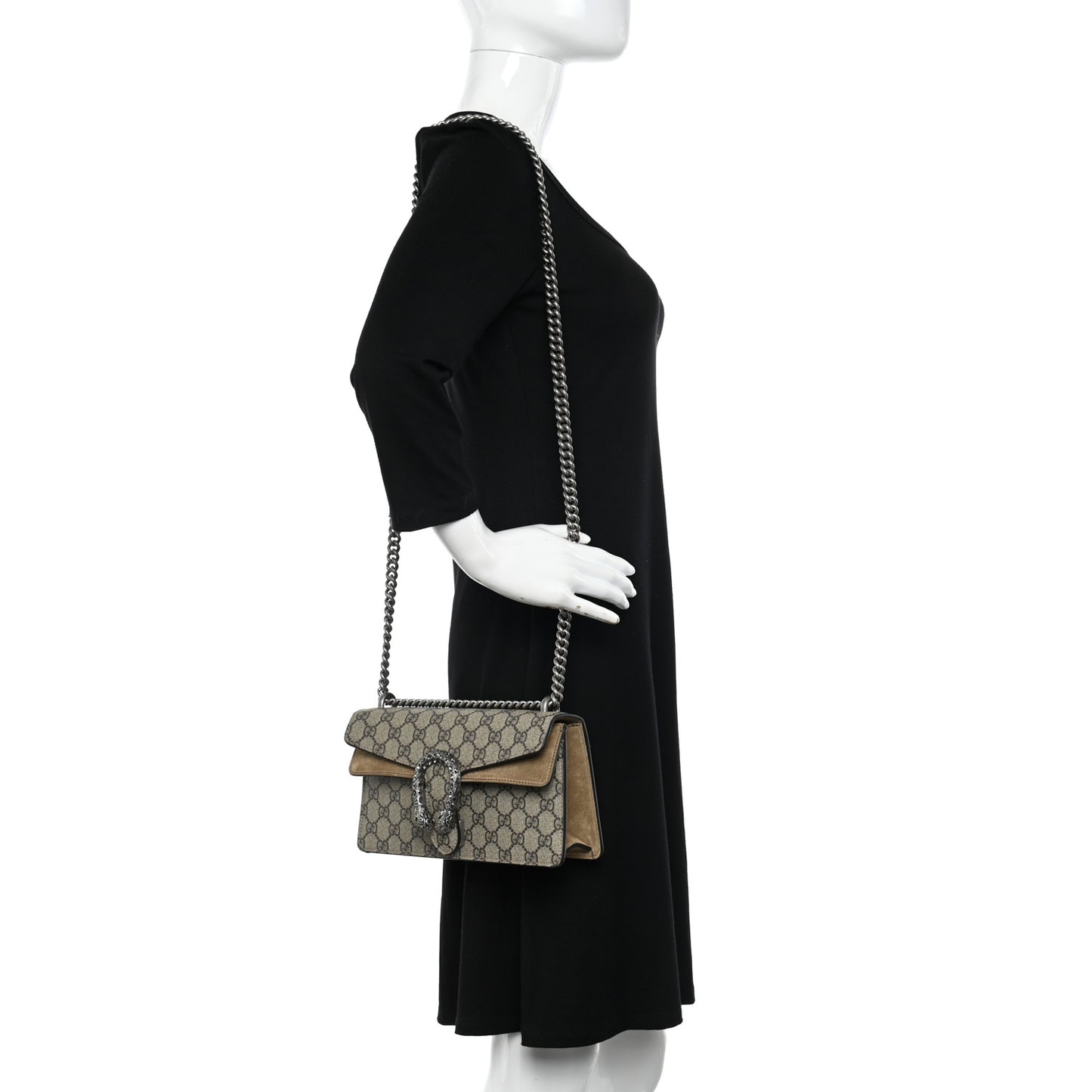 GG Supreme Monogram Suede Crystal Small Dionysus Shoulder Bag Beige Ebony Taupe