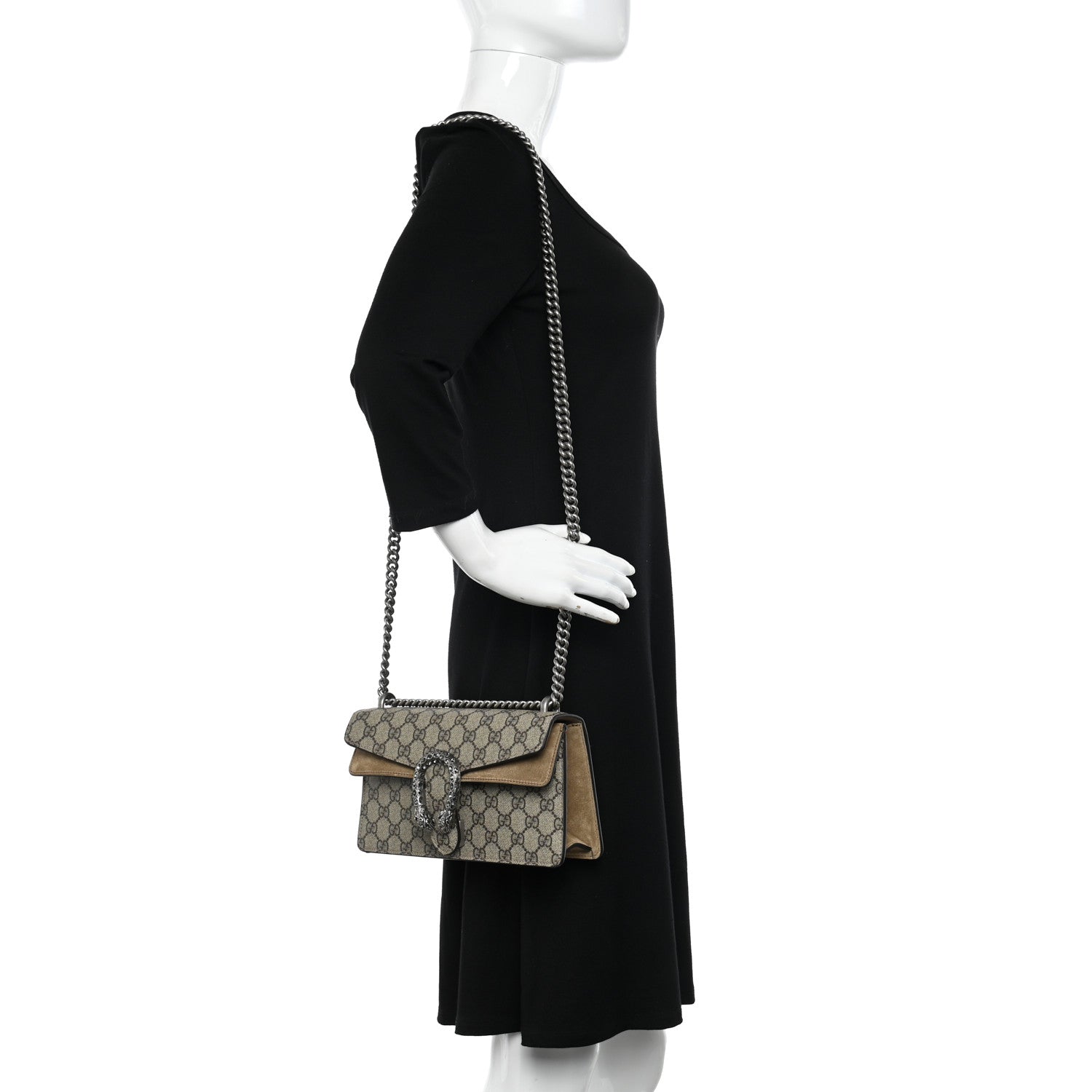Gucci GG Supreme Monogram Suede Crystal Small Dionysus Shoulder Bag Beige Ebony Taupe 2 of 9