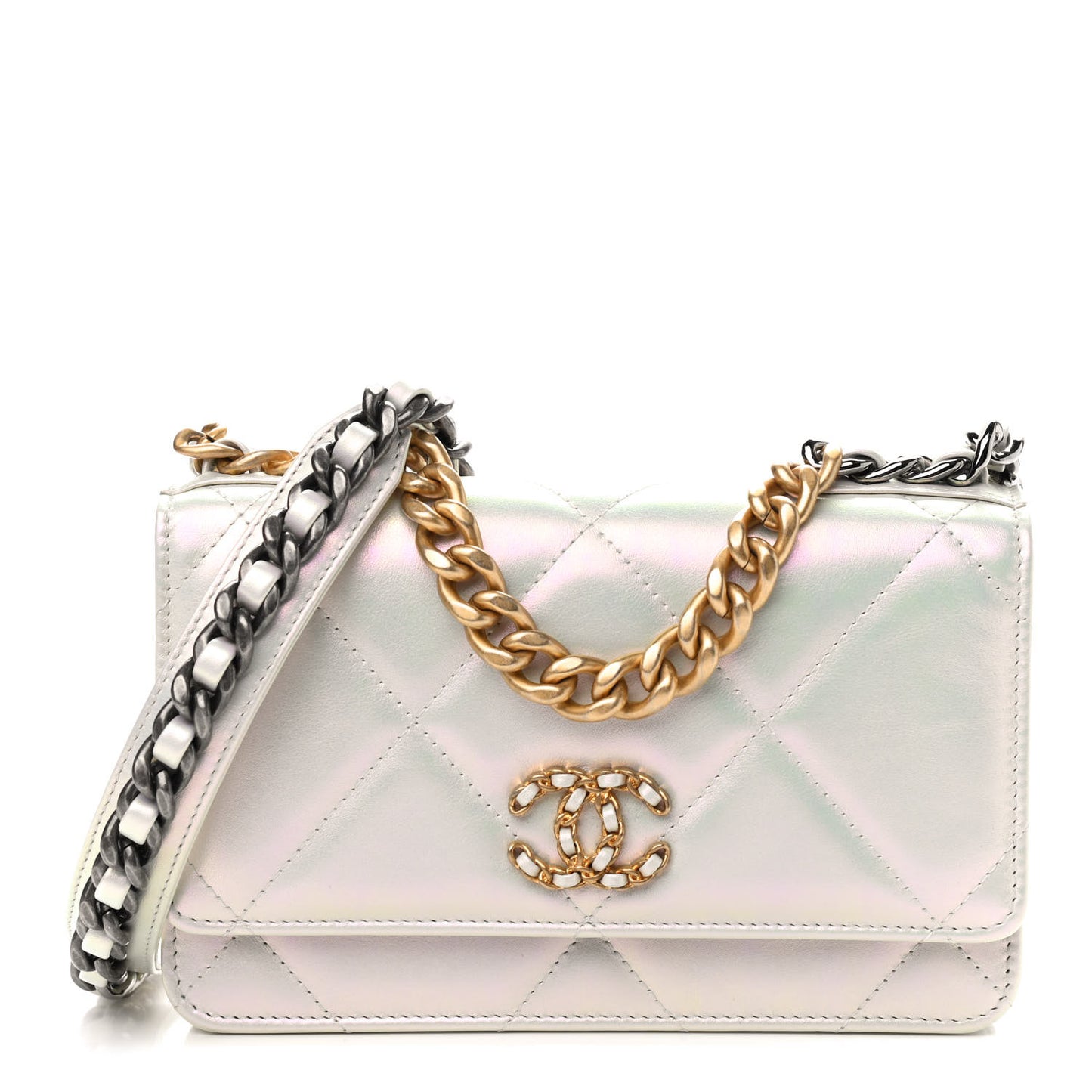 Iridescent Calfskin Quilted Chanel 19 Wallet On Chain WOC White
