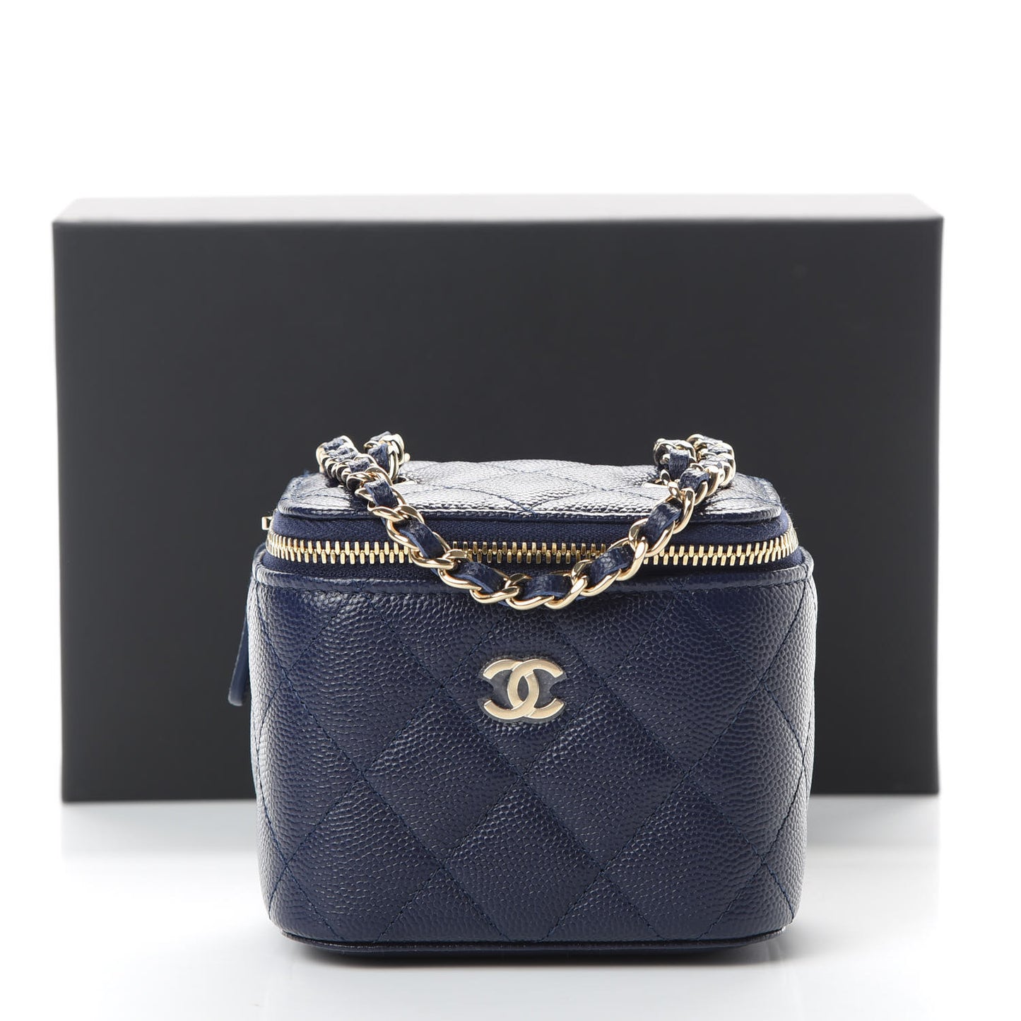 Caviar Quilted Mini Vanity Case With Chain Navy Blue