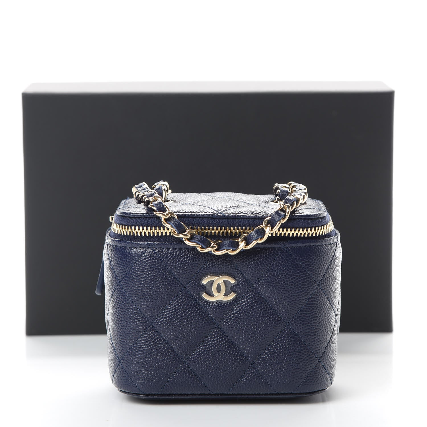 Chanel Caviar Quilted Mini Vanity Case With Chain Navy Blue 11 of 11