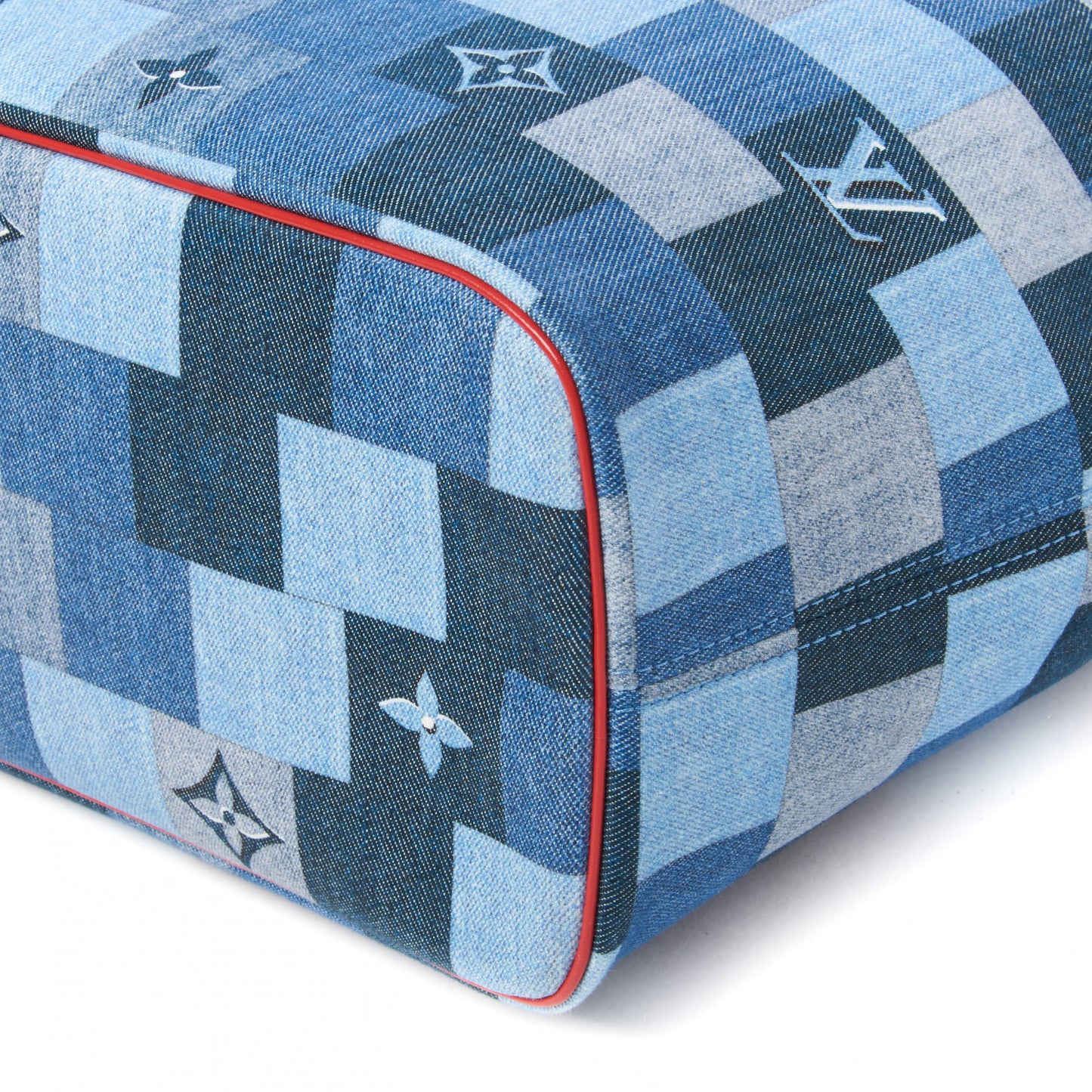 Denim Damier Monogram Patchwork Neverfull Blue Rouge