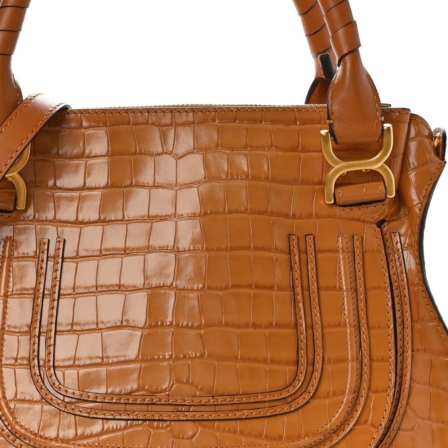 Calfskin Crocodile Embossed Small Marcie Satchel Autumnal Brown