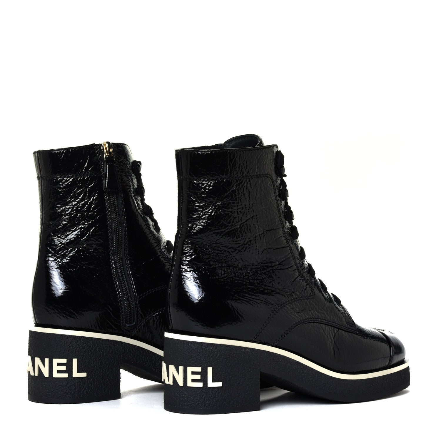 Chanel Shiny Crumpled Lambskin Lace Up Combat Boots 38.5 Black 5 of 12