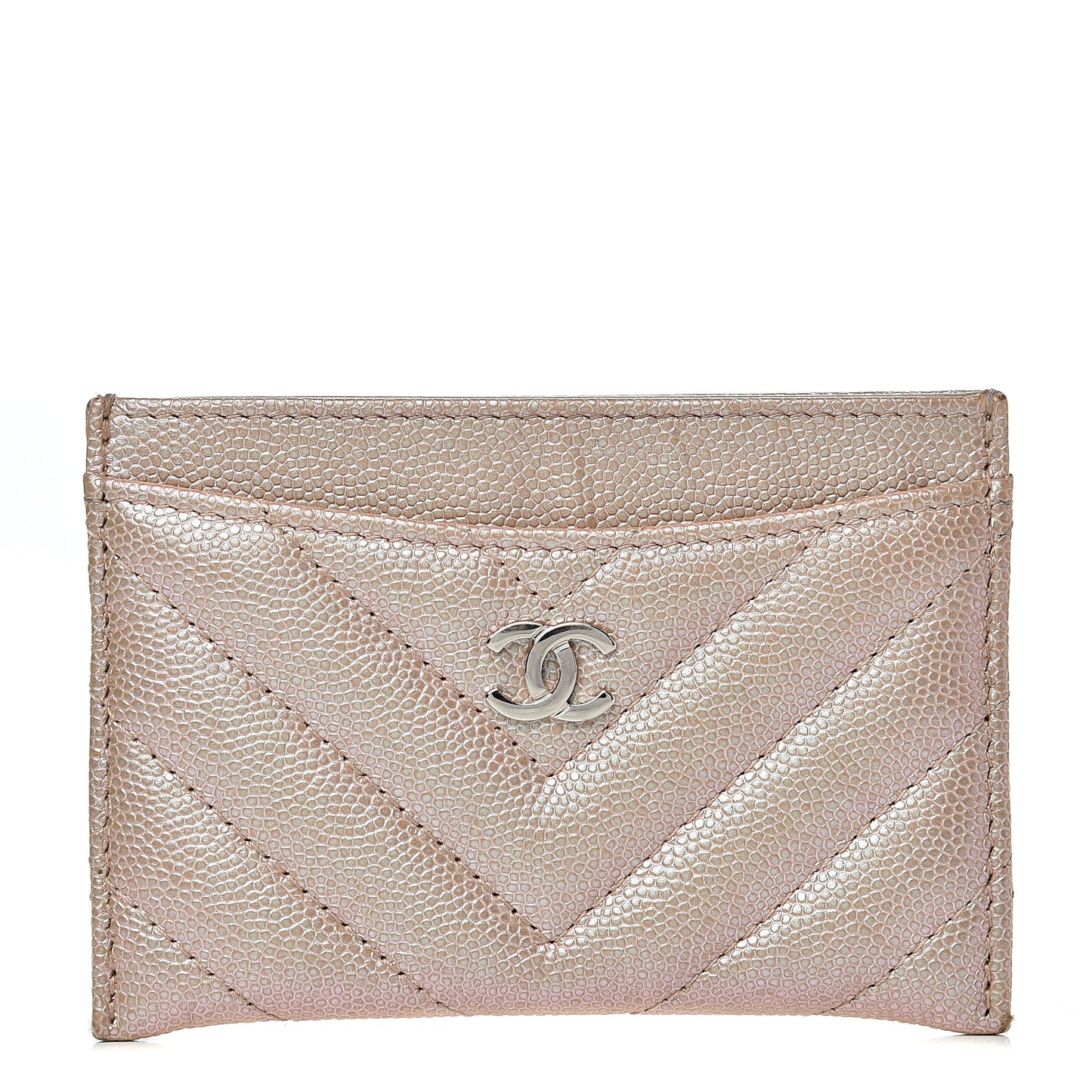 Metallic Caviar Chevron Quilted Card Holder Light Gold