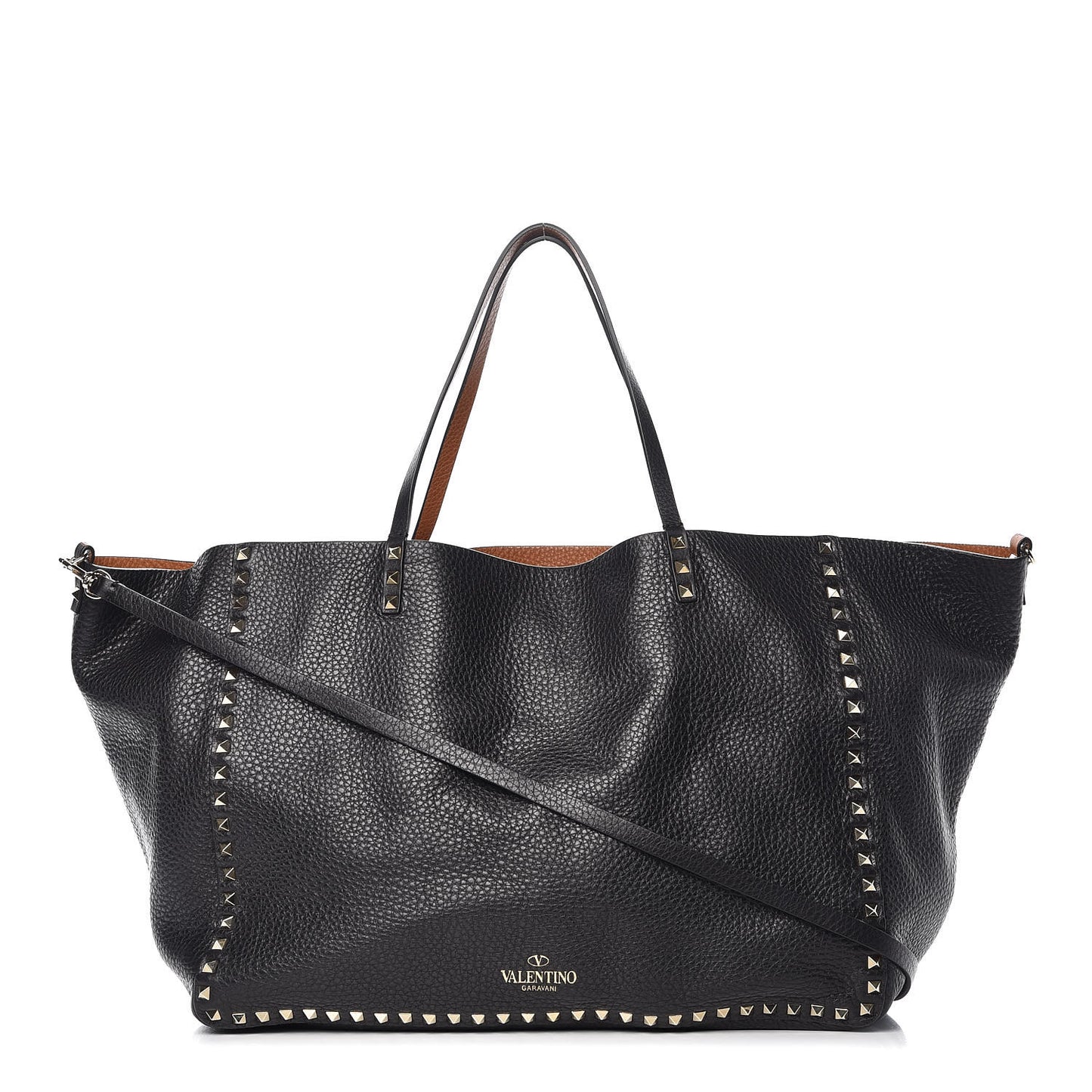 Pebbled Calfskin Large Rockstud Reversible Tote Black Light Cuir