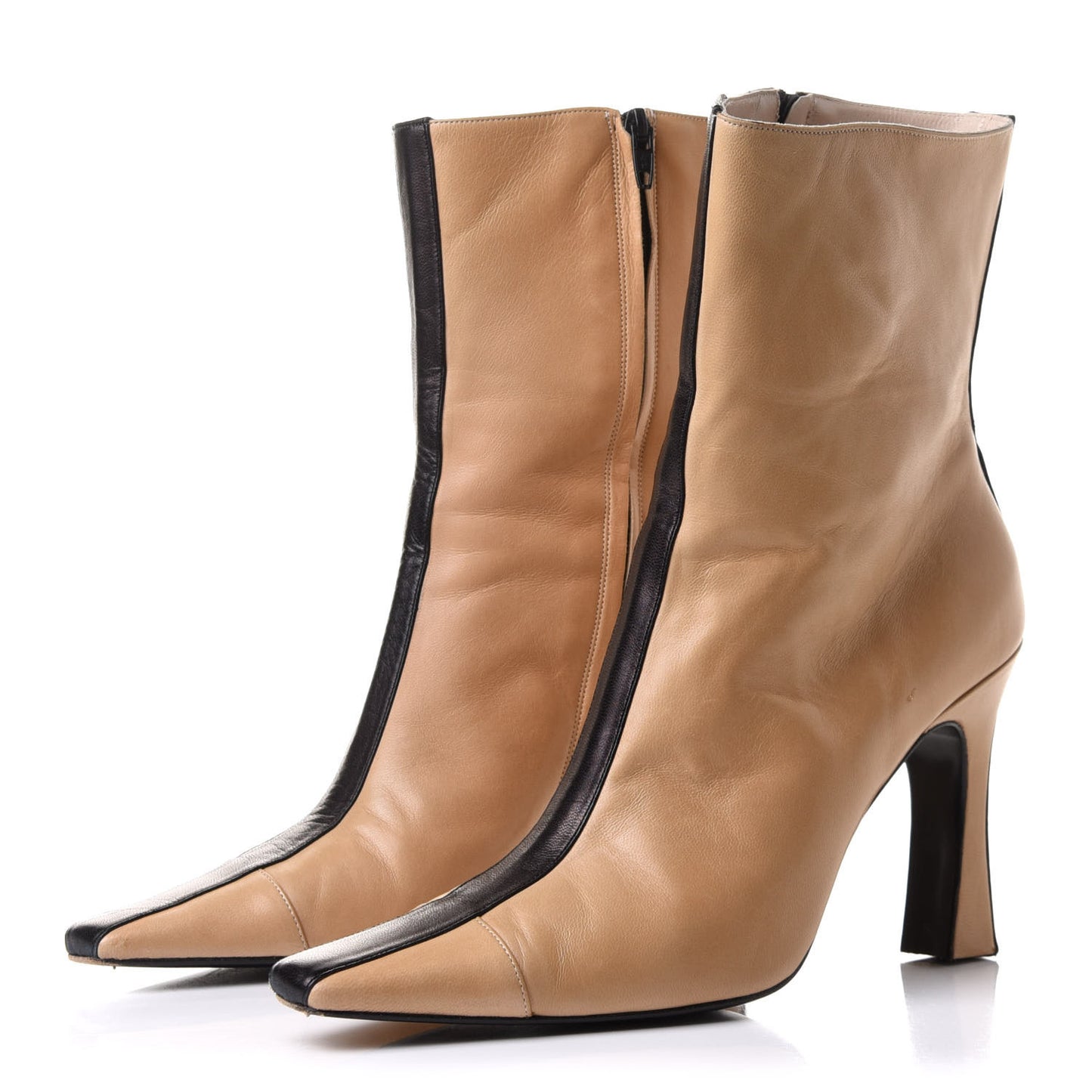 Lambskin Cap Toe Ankle Boots 37 Beige Black