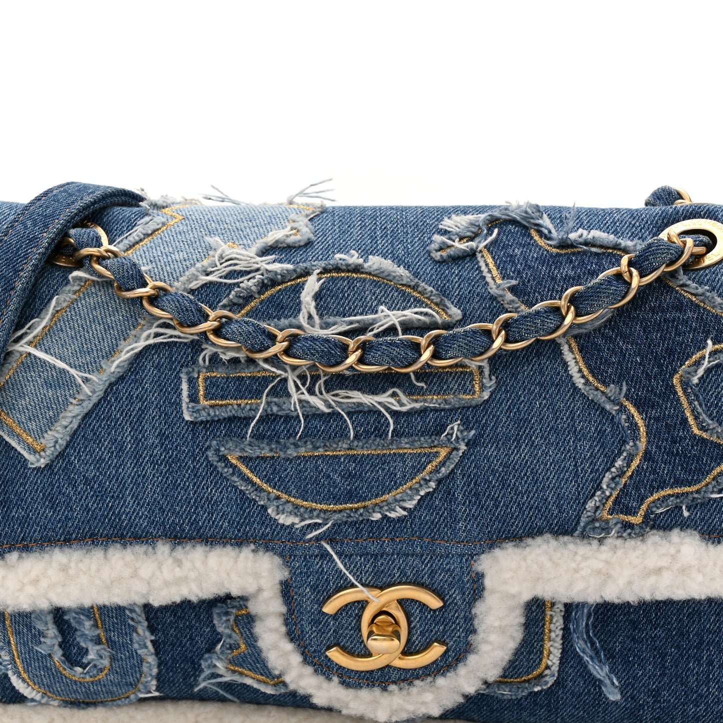 Denim Shearling Hieroglyph Flap Blue