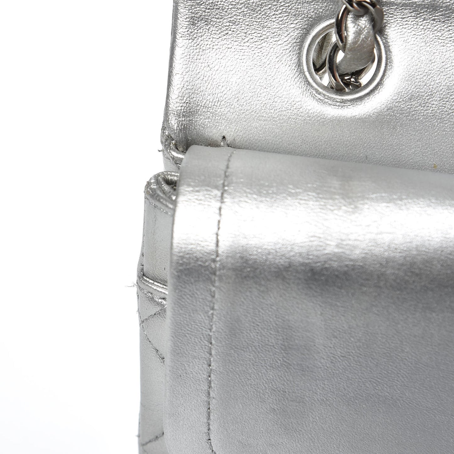 Metallic Lambskin Quilted Medium Double Flap Silver
