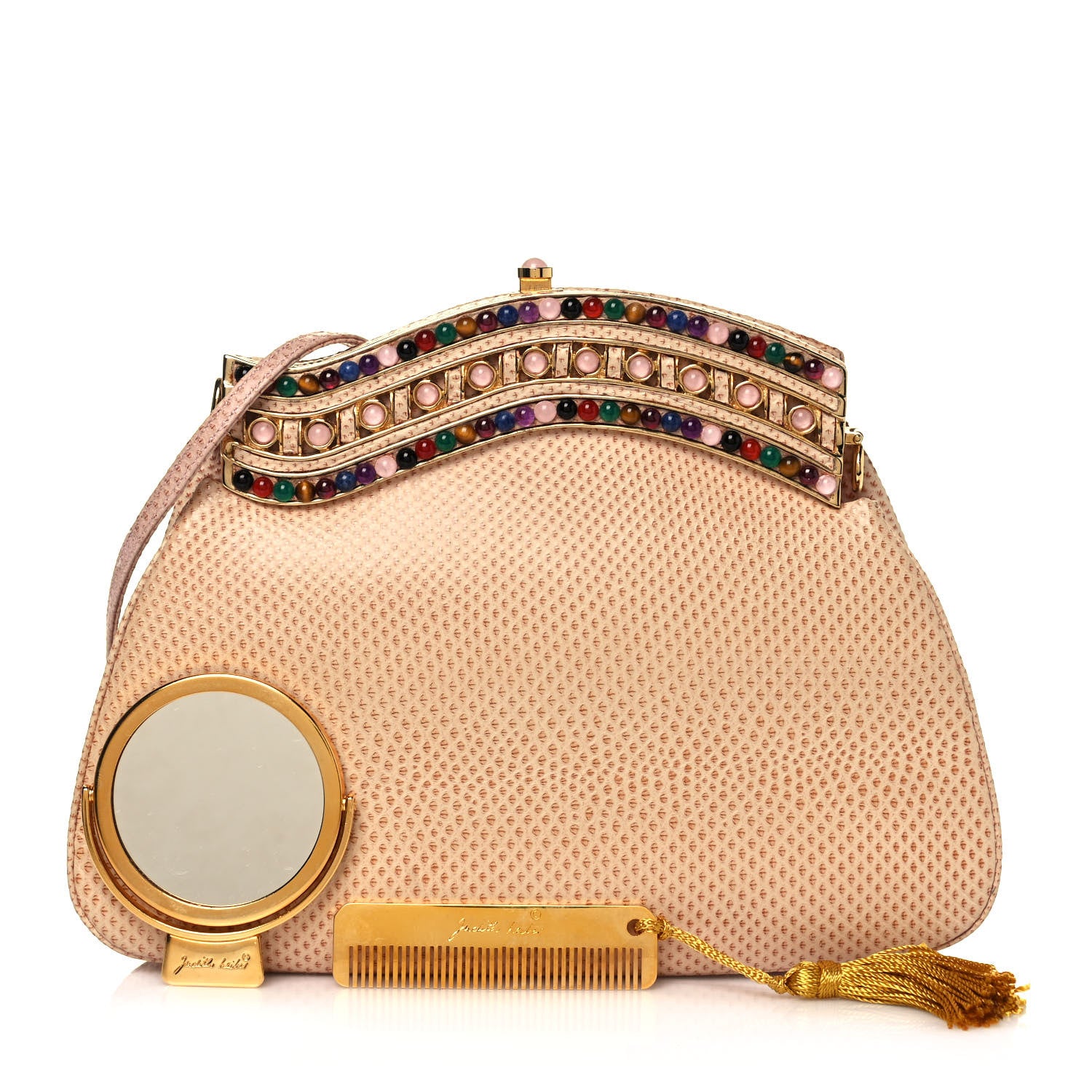 Judith Leiber Crystal Lizard Embossed Pleated Evening Bag Beige 1 of 11