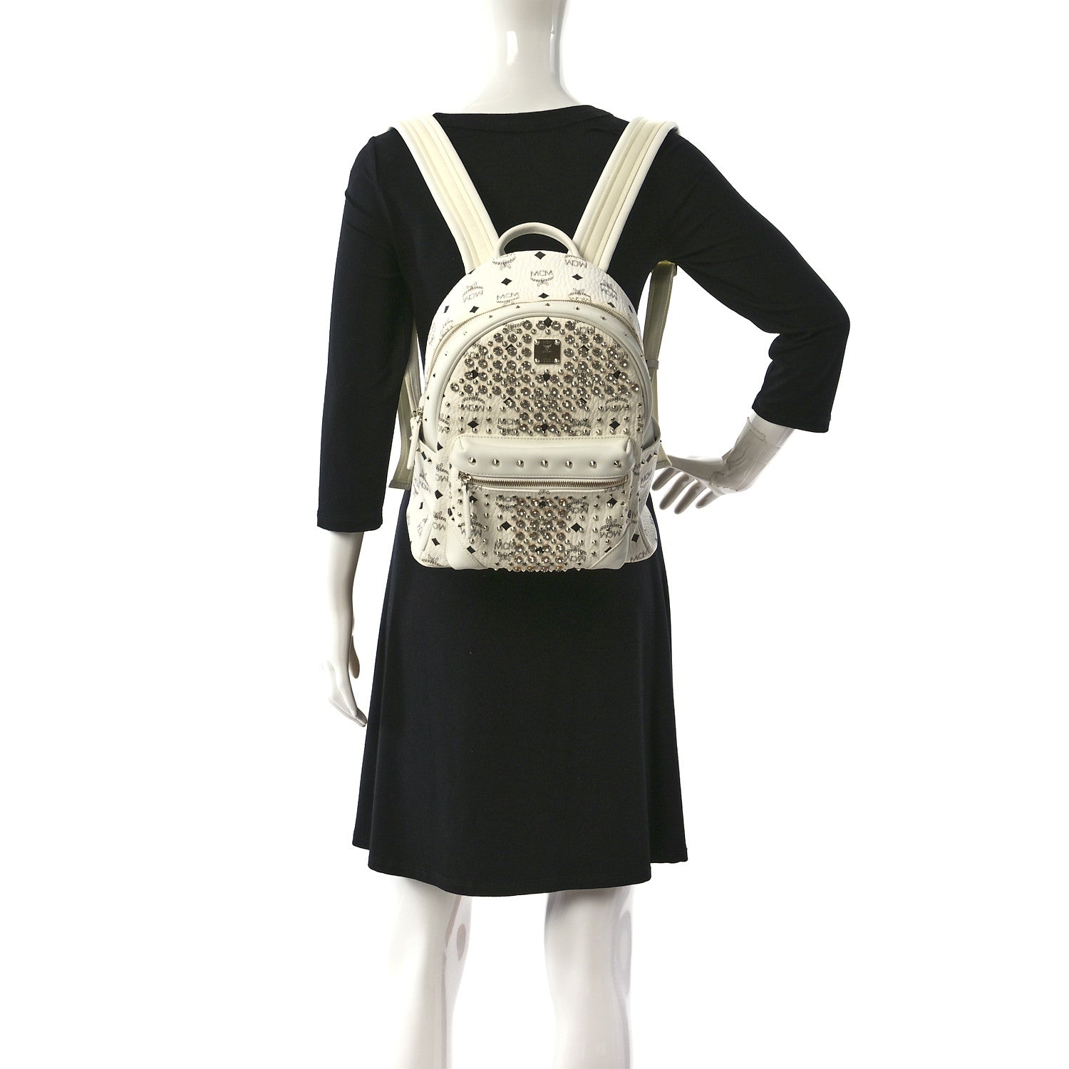 MCM Visetos Swarovski Studded Small Diamond Backpack White 2 of 8